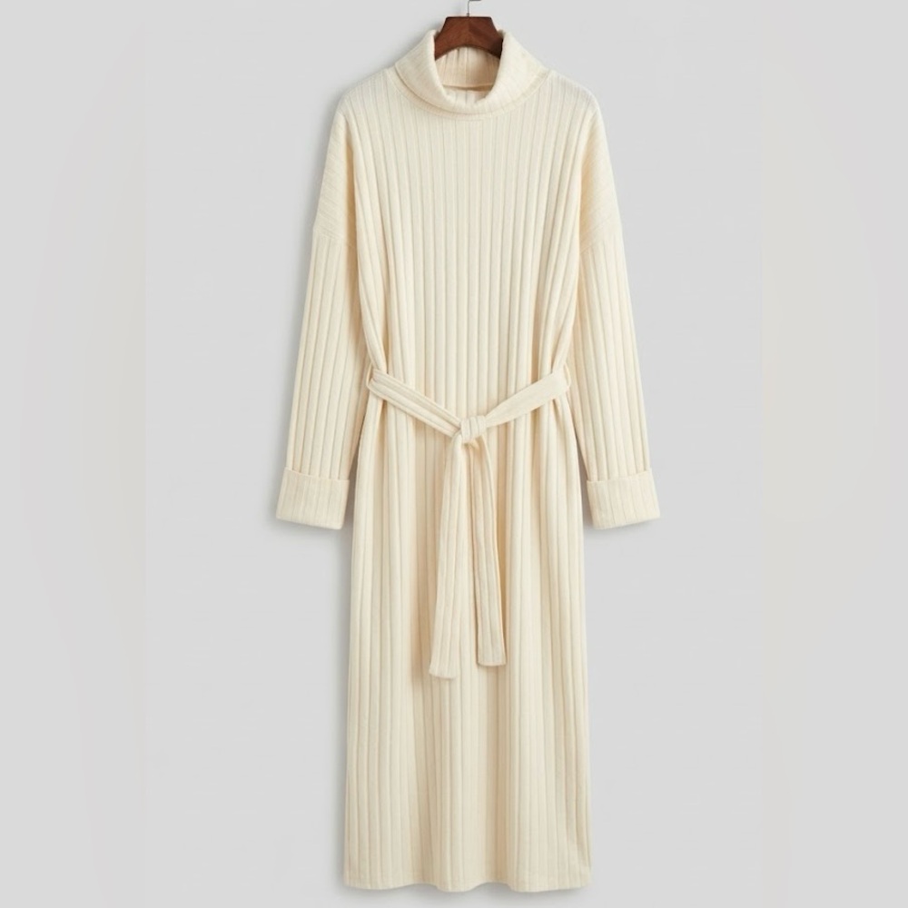 F&F Cream Ribbed Knit Dress with Belt